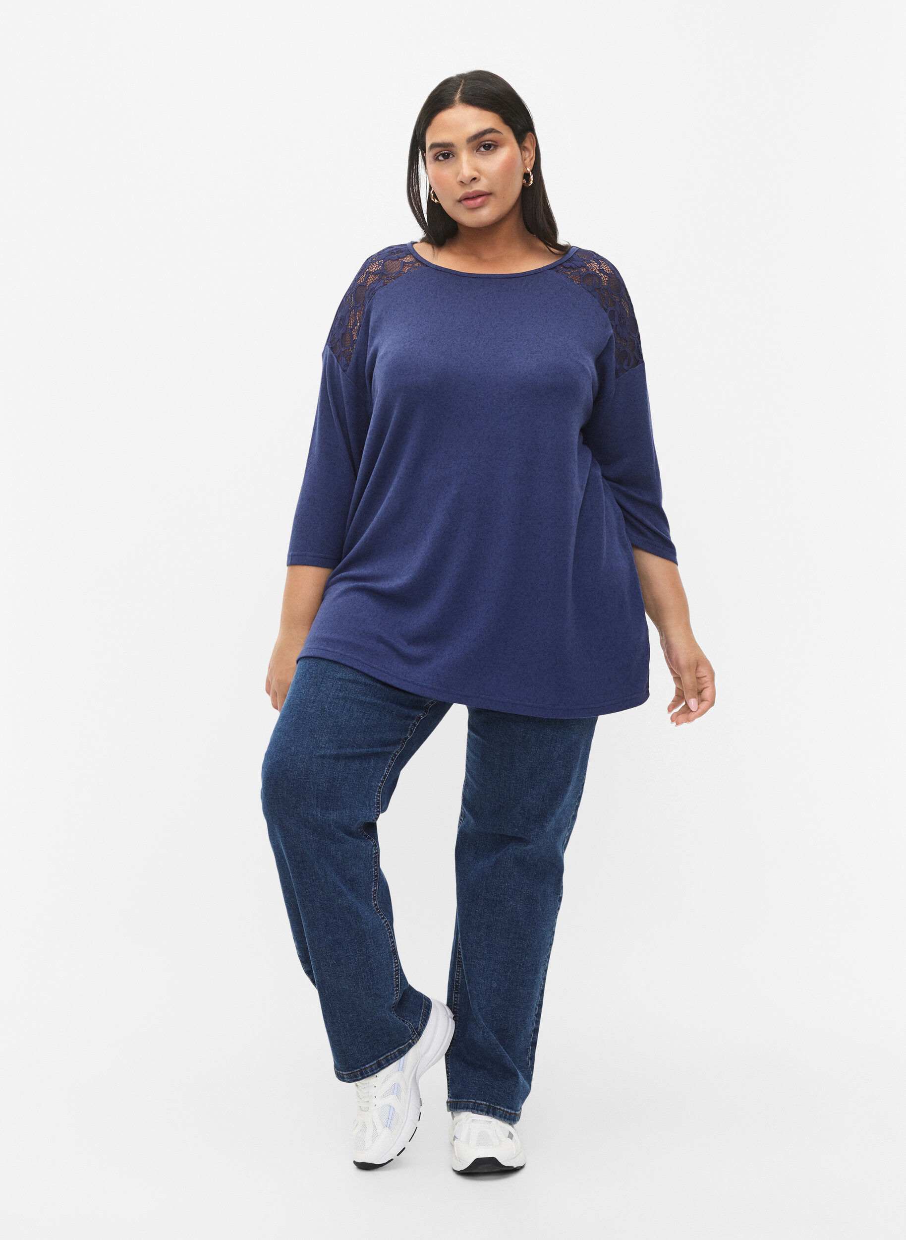 Zizzi Bluse mit 3/4-&Auml;rmeln und Spitzendetail, Medieval Blue Mel., Model image number 2