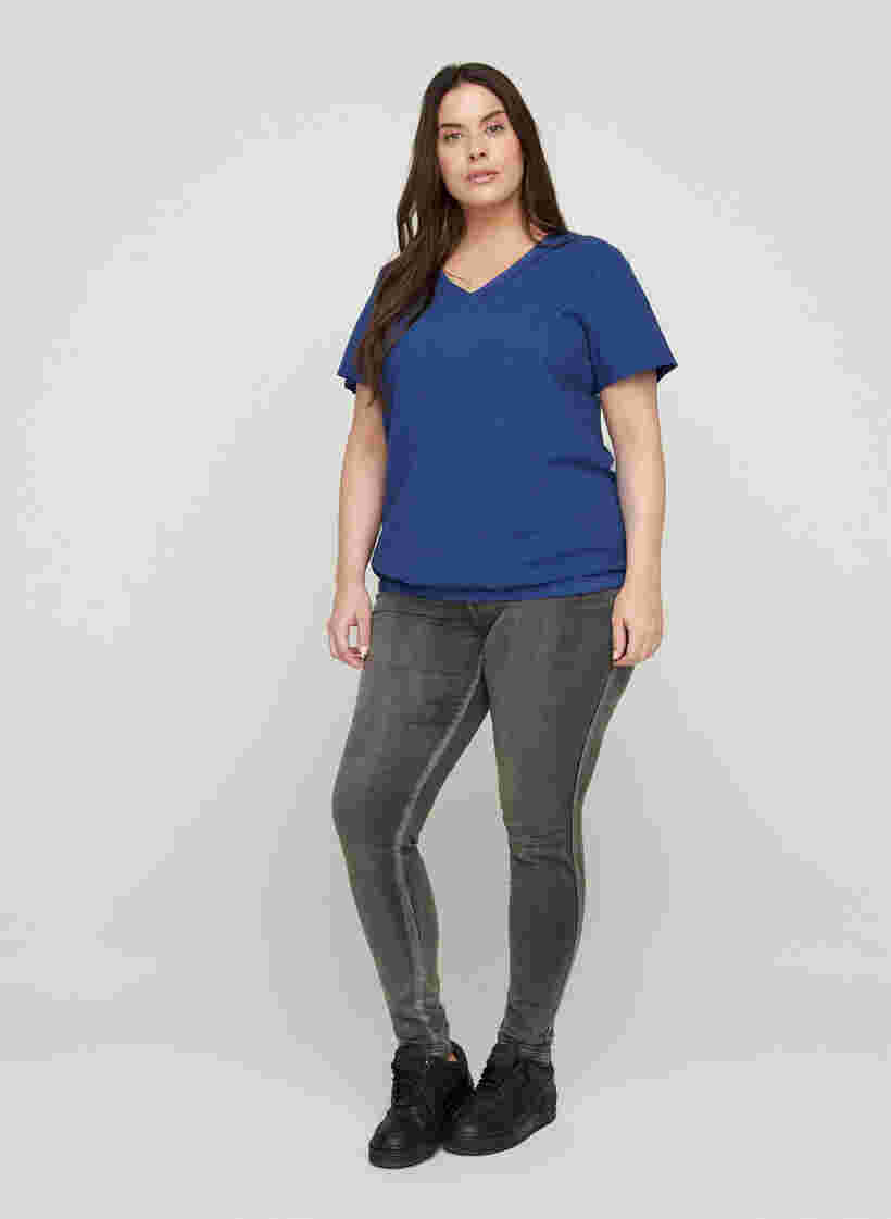 Kurzarm Bluse aus Baumwolle mit V-Ausschnitt, Twilight Blue, Model image number 3