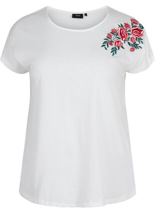 Kurzarm T-Shirt aus Baumwolle mit Stickerei, Warm Off-white, Packshot image number 0