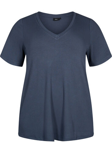 Viskose T-Shirt mit Ripp und V-Ausschnitt, Umbre Blue , Packshot image number 0