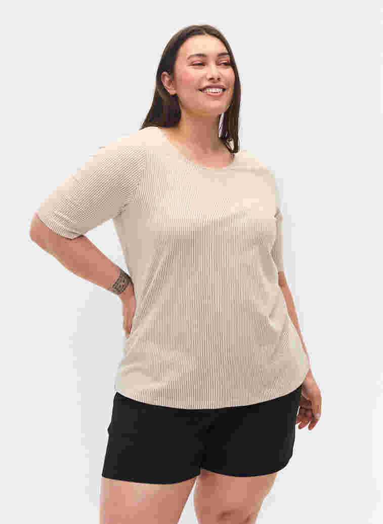 Gestreifte Bluse mit 3/4 Ärmeln, Pecan Brown Stripe, Model image number 0