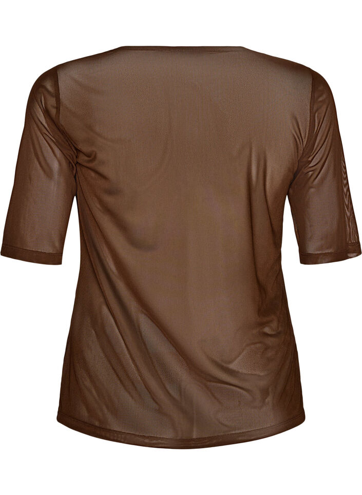 Top aus Mesh mit kurzen &Auml;rmeln und Rundhalsausschnitt, Braun, Packshot image number 1