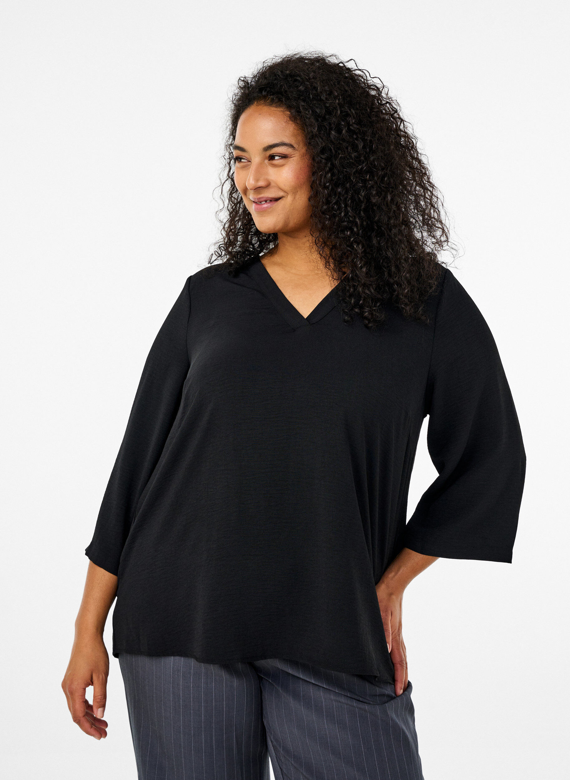 Bluse mit 3/4-&Auml;rmeln, Schwarz, Model