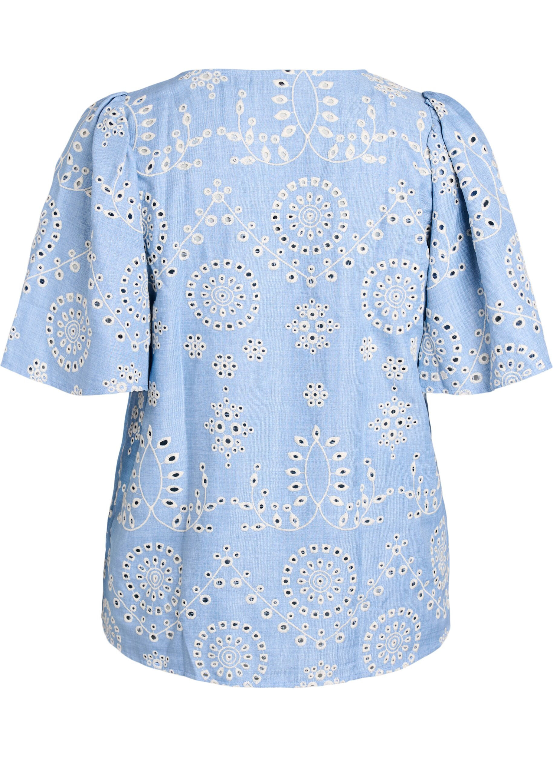 Zizzi Bluse mit Broderie-Anglaise und kurzen Puff&auml;rmeln, Blau, Packshot image number 1