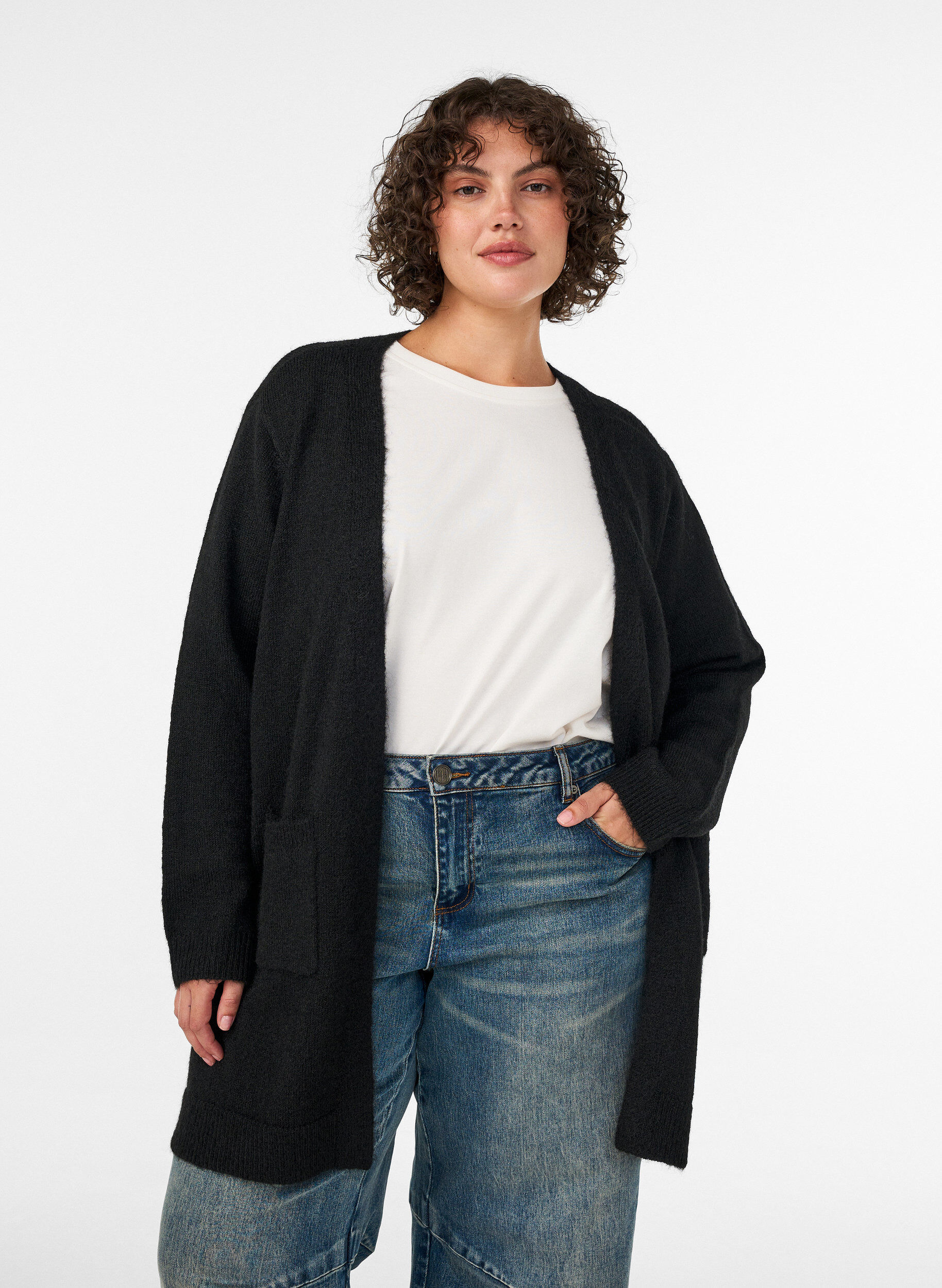 ZizziLange Strickjacke mit Taschen, Schwarz, Model image number 0
