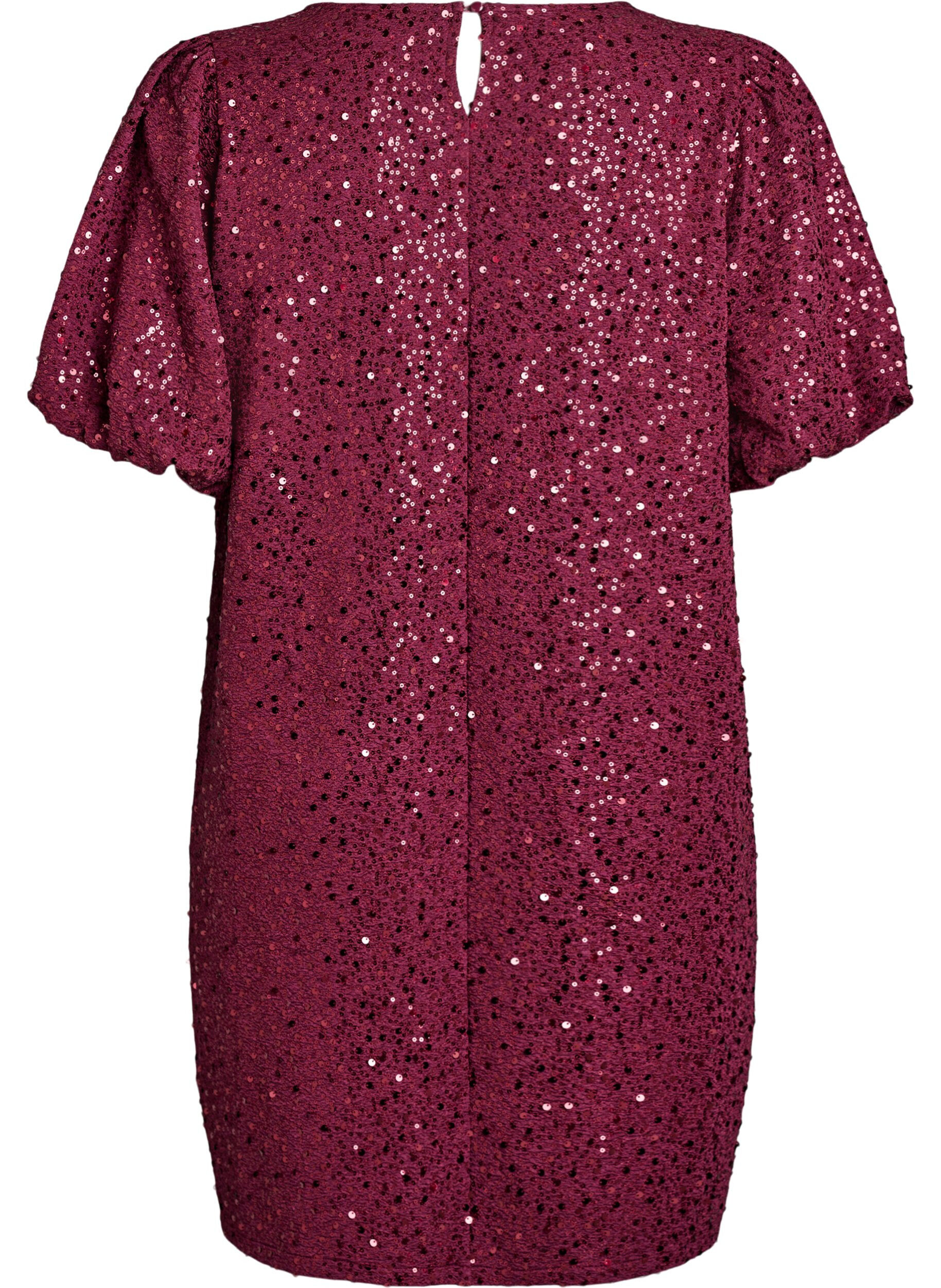 Zizzi Kurzes Paillettenkleid mit Puff&auml;rmeln, Dunkles Bordeaux, Packshot image number 1