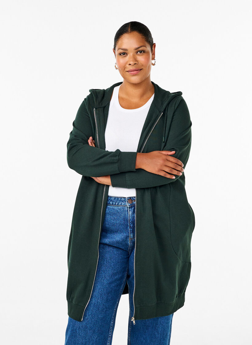Lange Sweatjacke aus Baumwolle mit Kapuze, Gr&uuml;n, Model image number 0