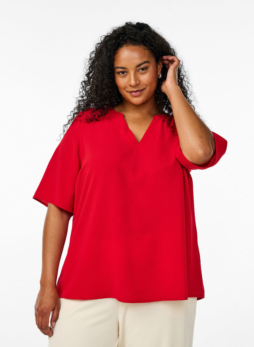 Kurzärmlige Bluse mit V-Ausschnitt, Rot, Model image number 0