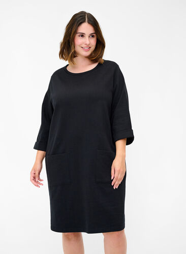 Sweatkleid aus Baumwolle mit 3/4-Ärmeln und Taschen, Black, Model image number 0