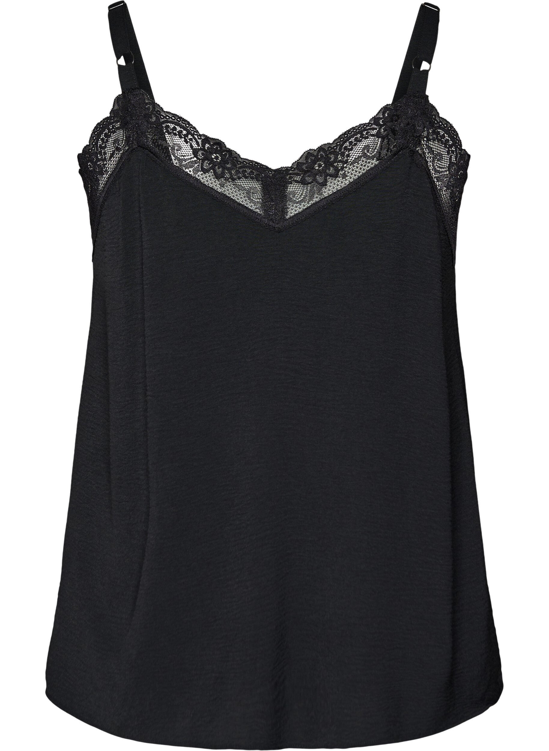 Zizzi Cami-Top mit V-Ausschnitt und Spitzen, Schwarz, Packshot image number 1
