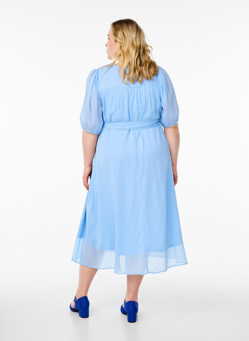 Midi-Kleid mit V-Ausschnitt und Bindeband, Blau, Model image number 1