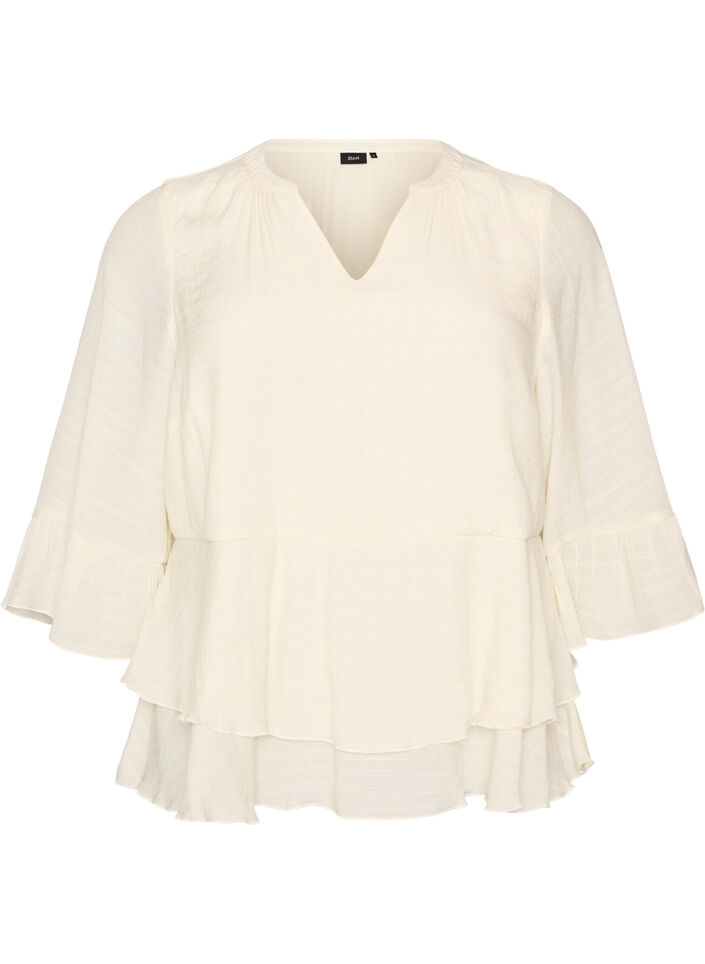Bluse mit 3/4-&Auml;rmeln und R&uuml;schendetails, Vanille, Packshot image number 0