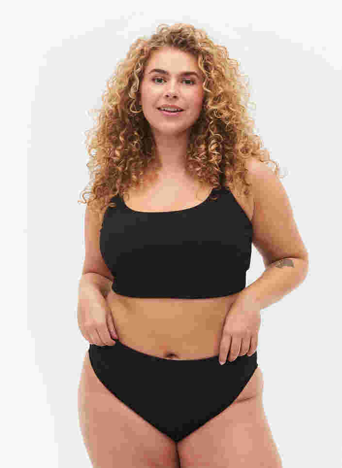 Hochtaillierte Bikini-Hose mit Crêpe-Struktur, Black, Model image number 0