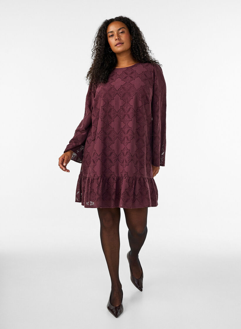 Spitzenkleid mit langen &Auml;rmeln und R&uuml;schensaum, Dunkles Bordeaux, Model image number 1