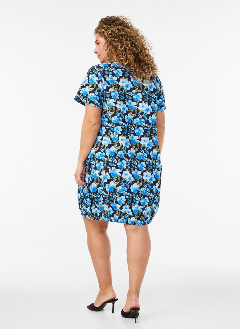 Kurzarm Baumwollkleid mit Print, Blau, Model image number 2