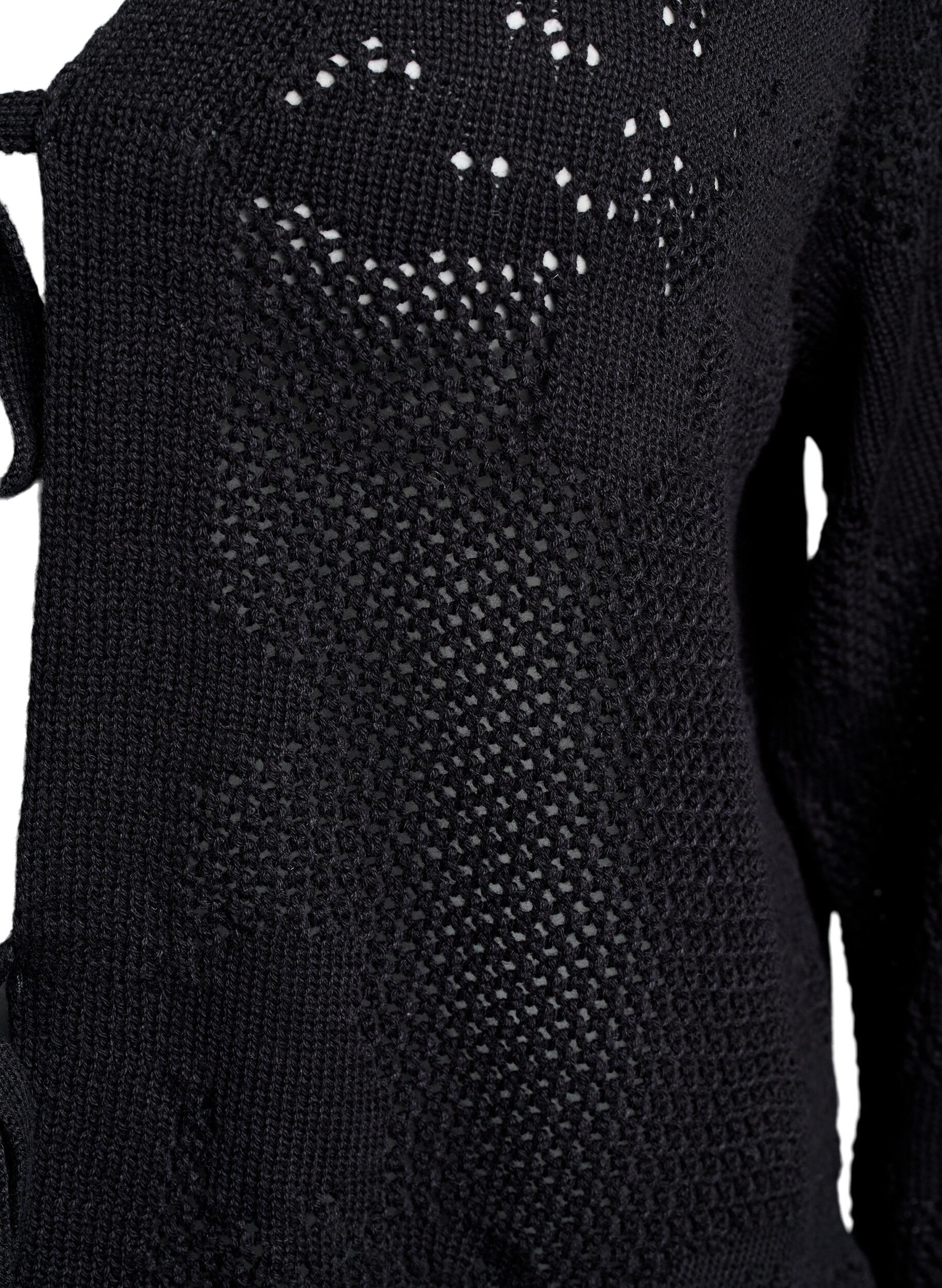 Zizzi Strickjacke mit Lochmuster und Bindeb&auml;ndern, Black, Packshot image number 2