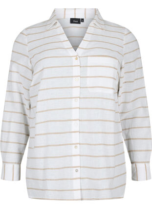 Hemdbluse mit Knopfverschluss aus Baumwoll-Leinen-Gemisch, White Taupe Stripe, Packshot image number 0