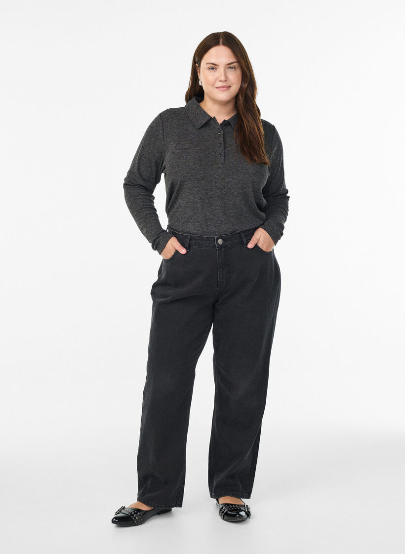 Langärmliges Poloshirt aus dehnbarem Rippmaterial, Grau, Model image number 1