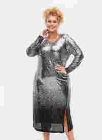 Paillettenkleid mit langen Ärmeln und Schlitz, Silver Black, Model
