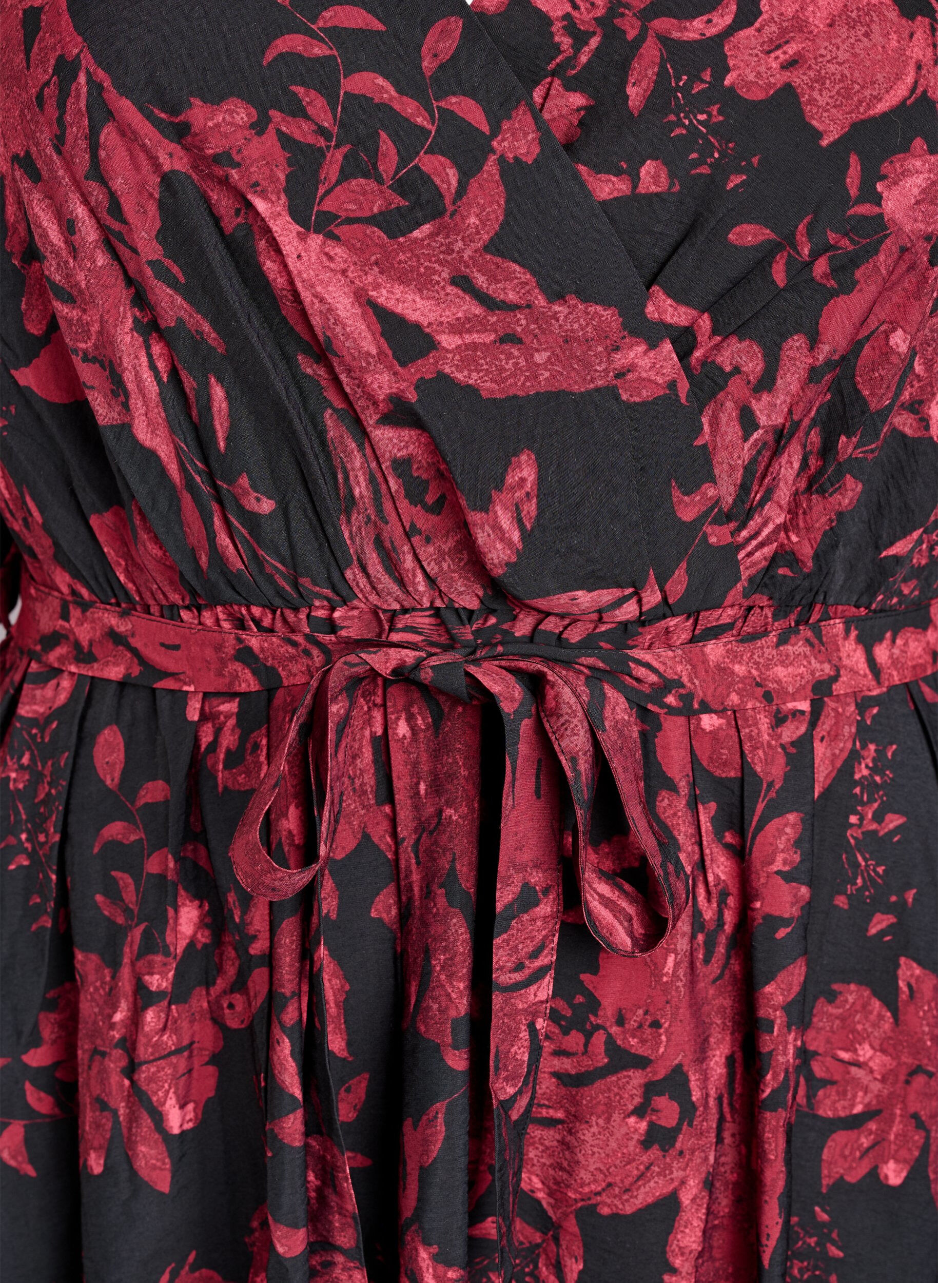 Zizzi Knielanges Kleid mit Bindeg&uuml;rtel und Wickeloptik, Schwarz, Packshot image number 2