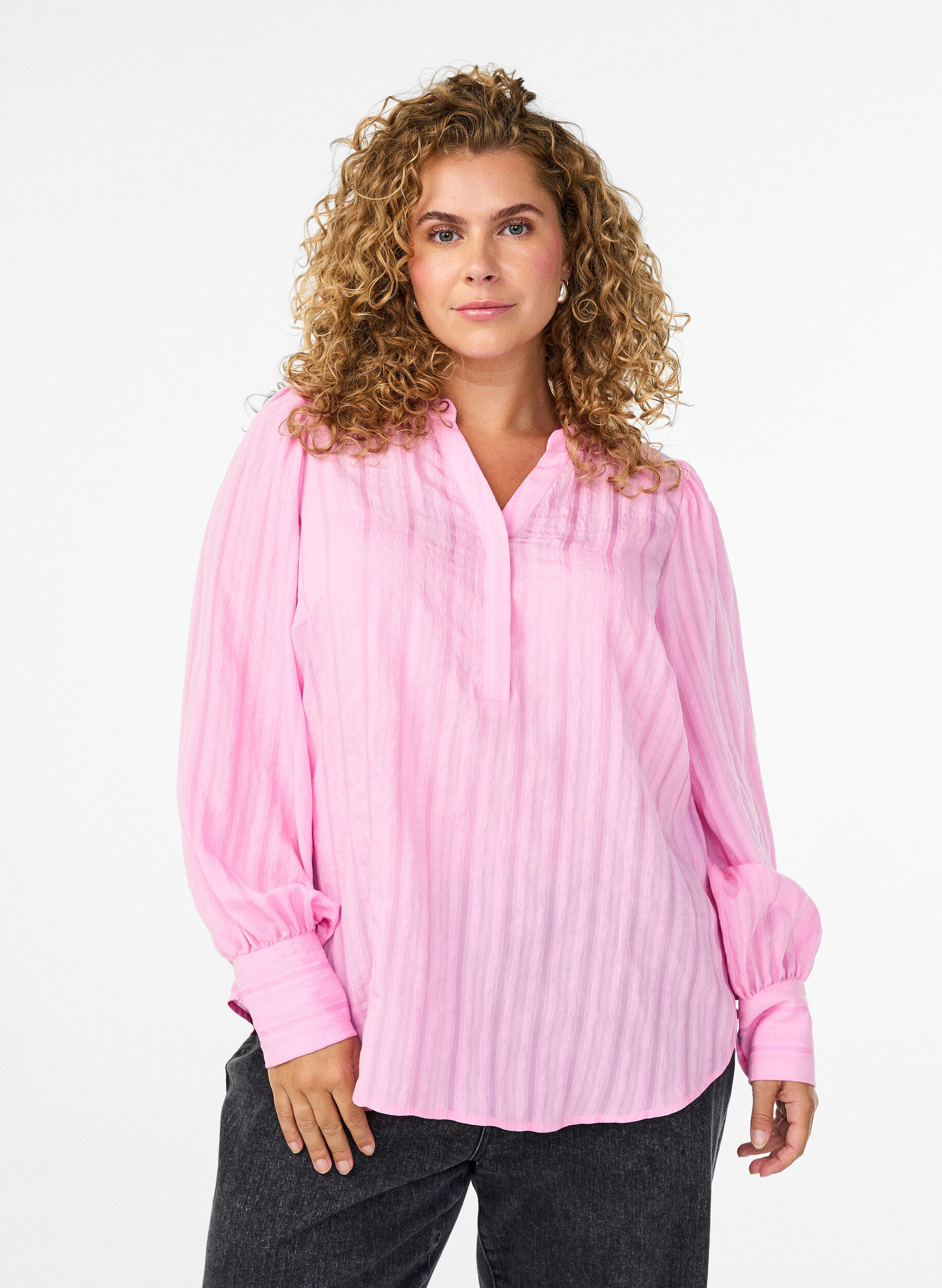 Zizzi Bluse mit L&auml;ngsstreifen, Pink, Model image number 0