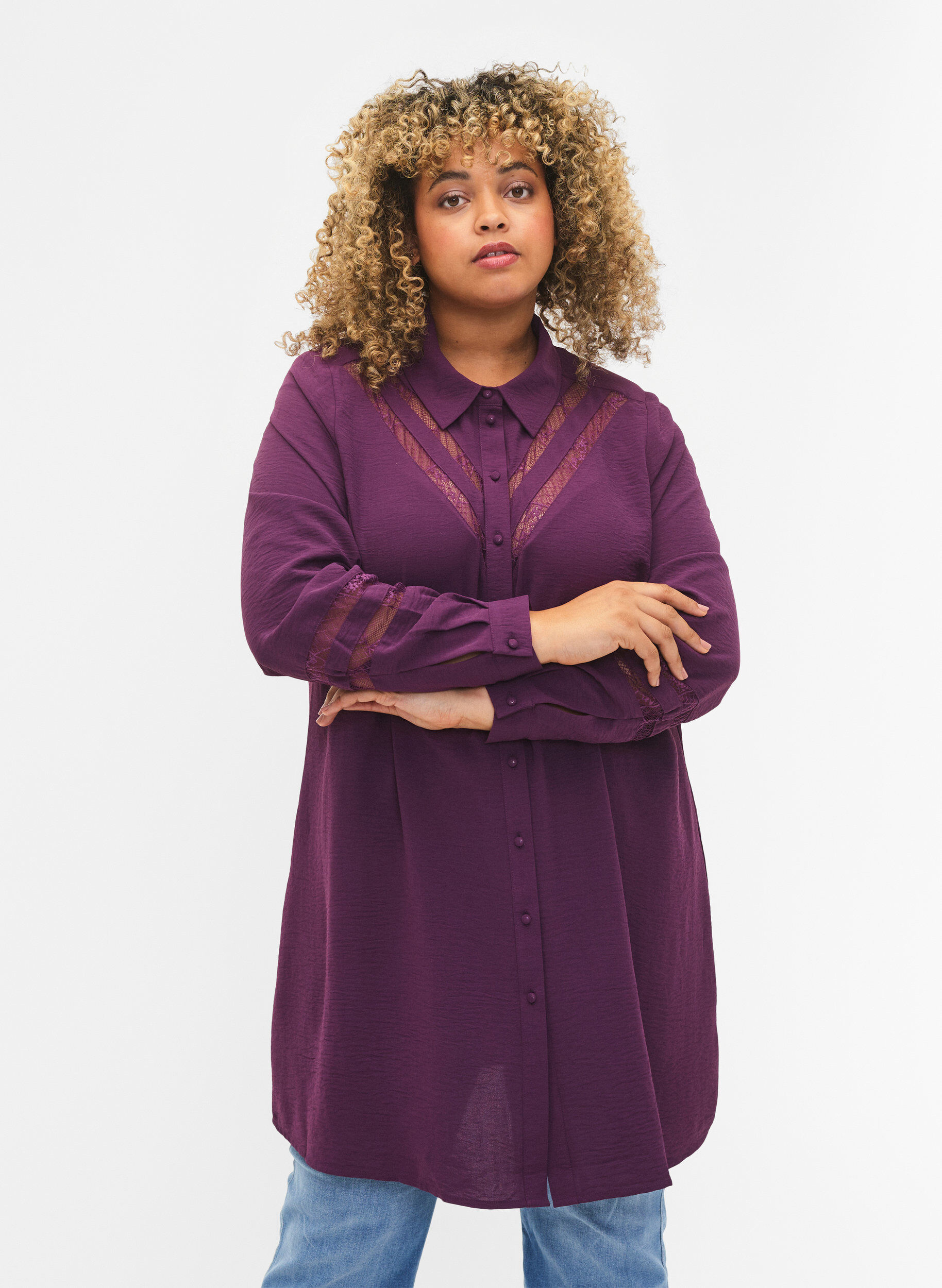 Zizzi Langes Shirt mit Spitzendetails, Deep Purple, Model image number 0