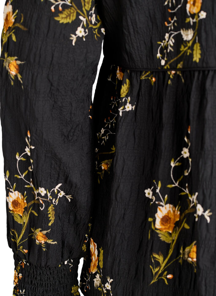 Lang&auml;rmelige Bluse mit gebl&uuml;mtem Muster, Schwarz, Packshot image number 3