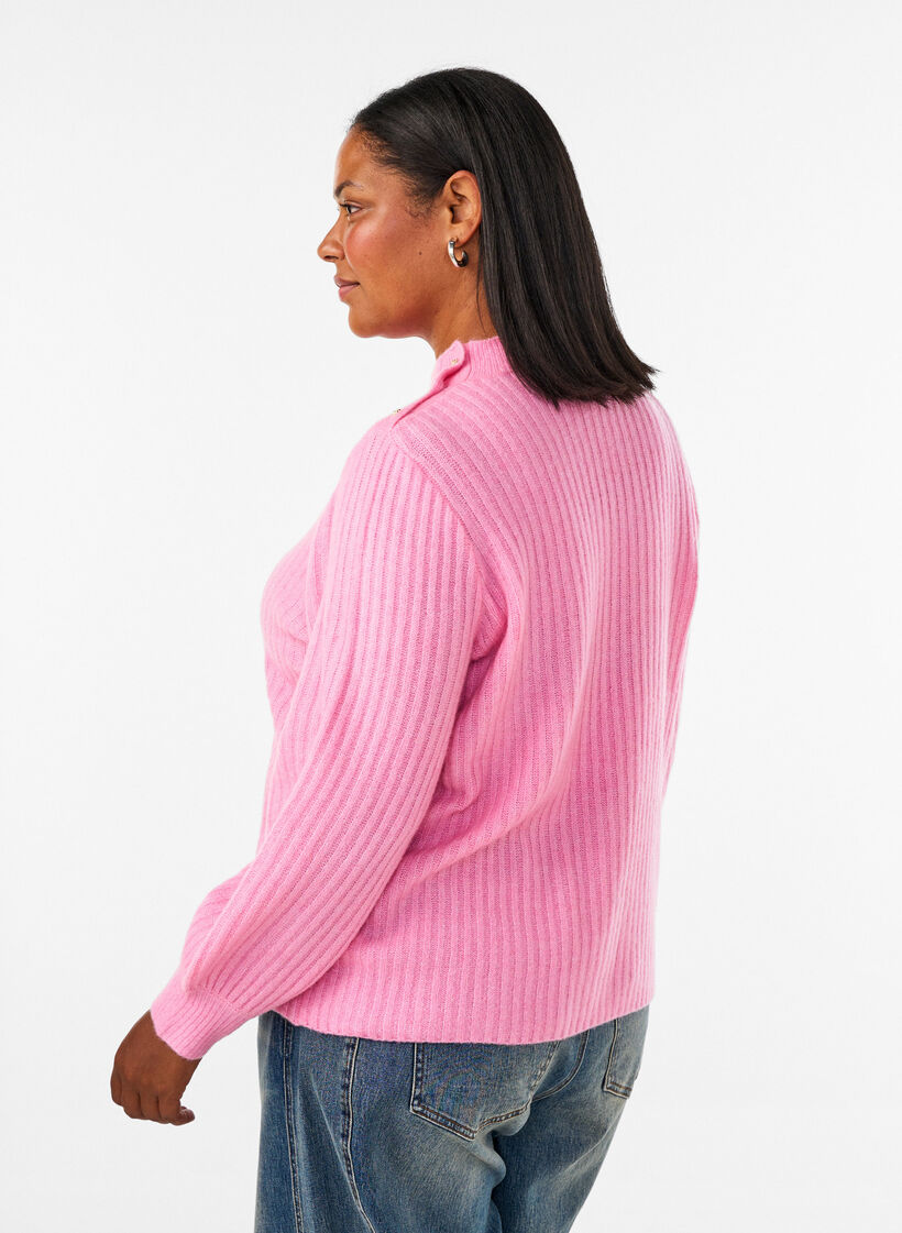 Pullover aus Rippstrick mit Puff&auml;rmeln und Kn&ouml;pfen, Pink, Model image number 2
