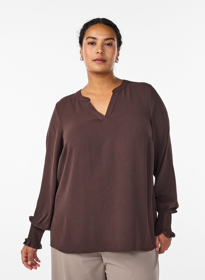 Bluse mit Smockb&uuml;ndchen und V-Ausschnitt, Braun, Model image number 0