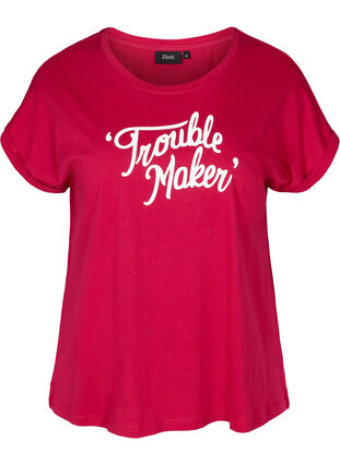 Kurzarm T-Shirt aus Baumwolle mit Print, Cerise w. Trouble , Packshot image number 0