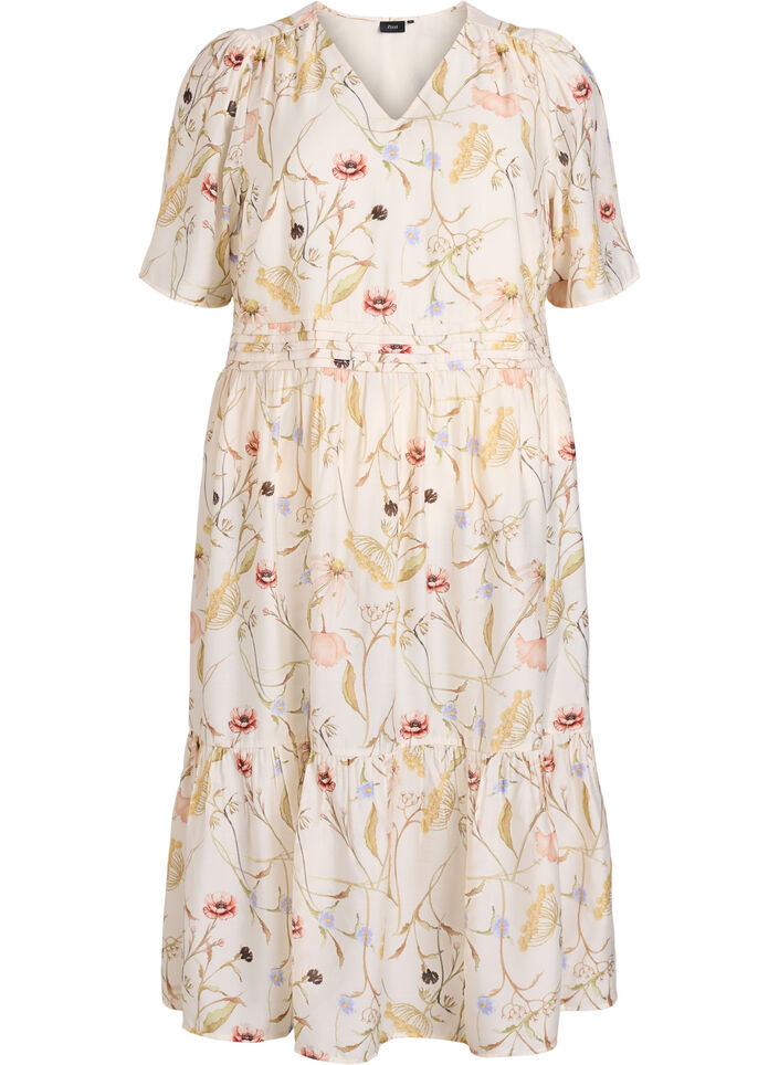 Gebl&uuml;mtes Midi-Kleid in A-Linienform, Beige, Packshot image number 0