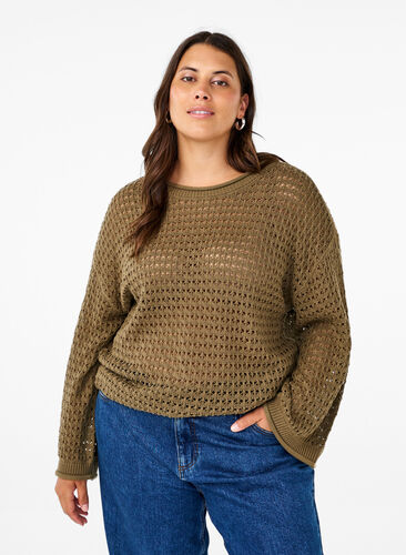 Strickpullover mit Lochmuster - Grün - Gr. 42-64 - Zizzi