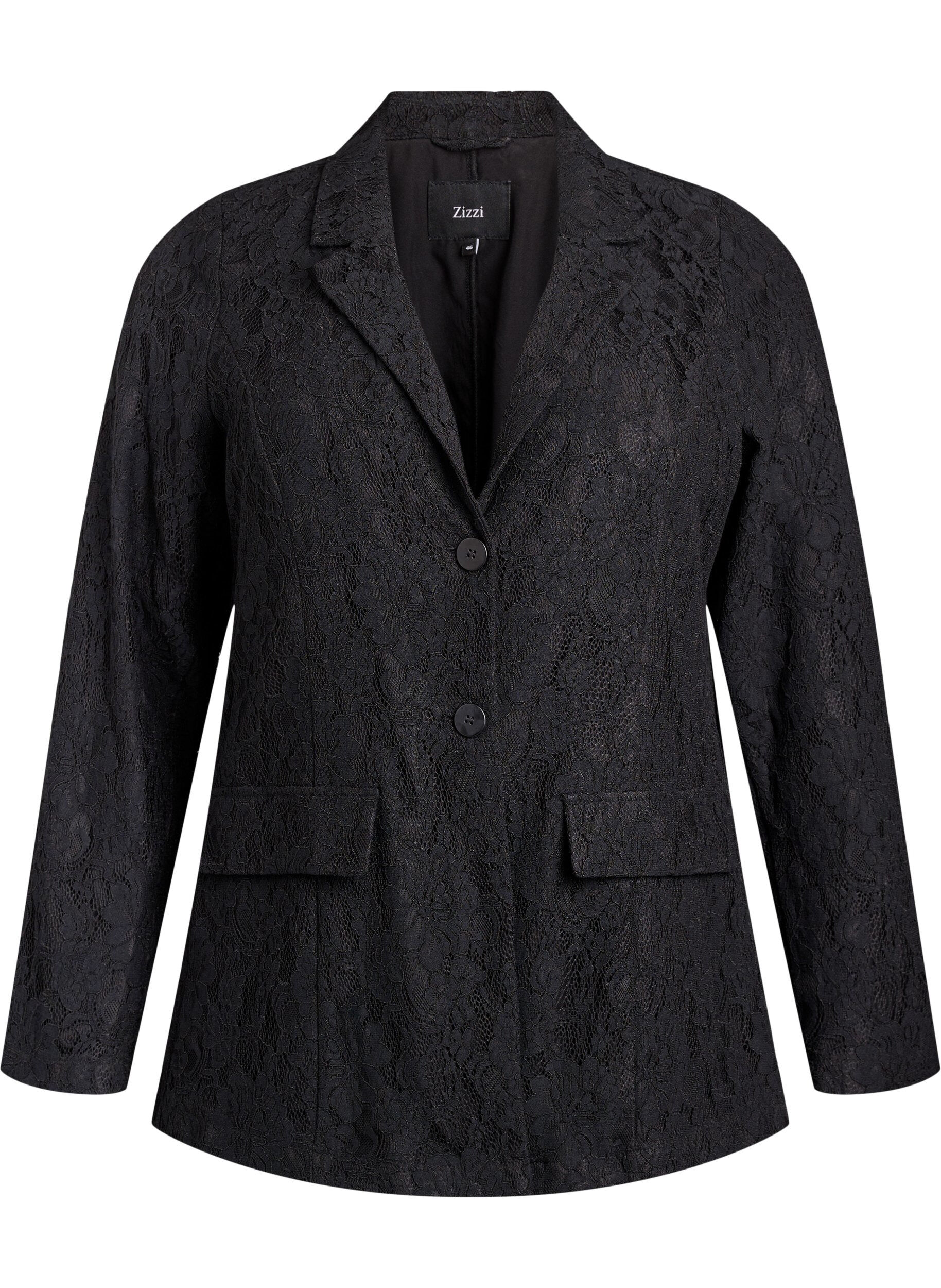 Zizzi Spitzenblazer mit Knopfverschluss, Schwarz, Packshot image number 0