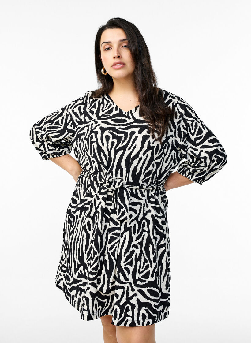Kleid mit 3/4-&Auml;rmeln und Zebraprint, Schwarz, Model image number 0