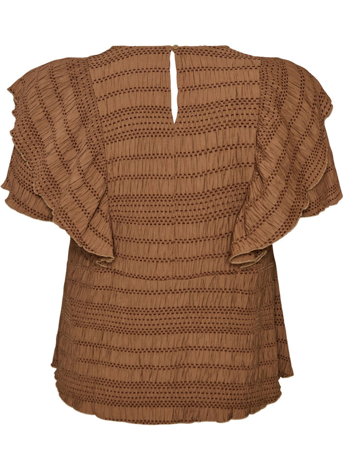 Bluse mit gesmokter Textur und R&uuml;schen&auml;rmeln, Braun, Packshot image number 1