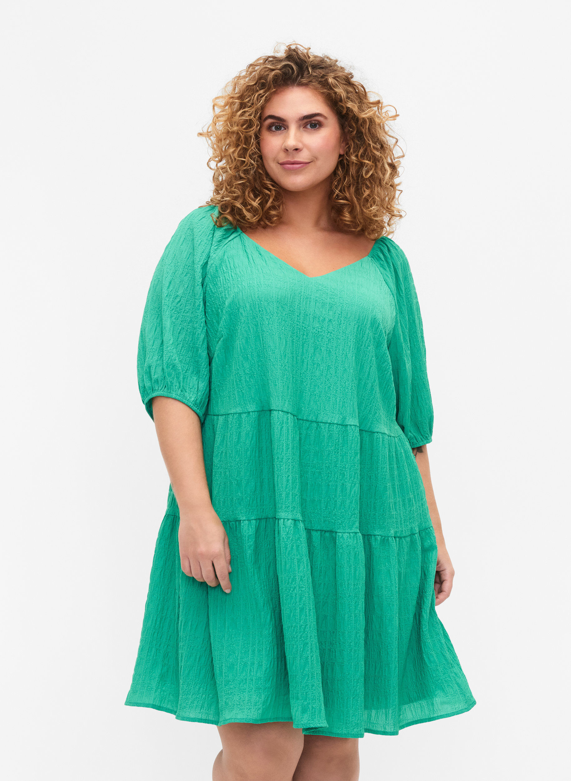 Zizzi A-f&ouml;rmiges kurzes Kleid mit V-Ausschnitt, Deep Mint, Model image number 0