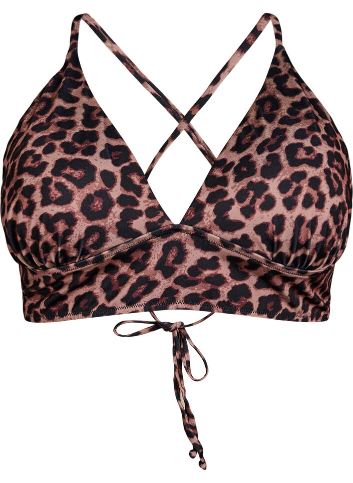 Bikinioberteil mit Leopardenmuster und Bindeb&auml;ndern, Braun, Packshot image number 0