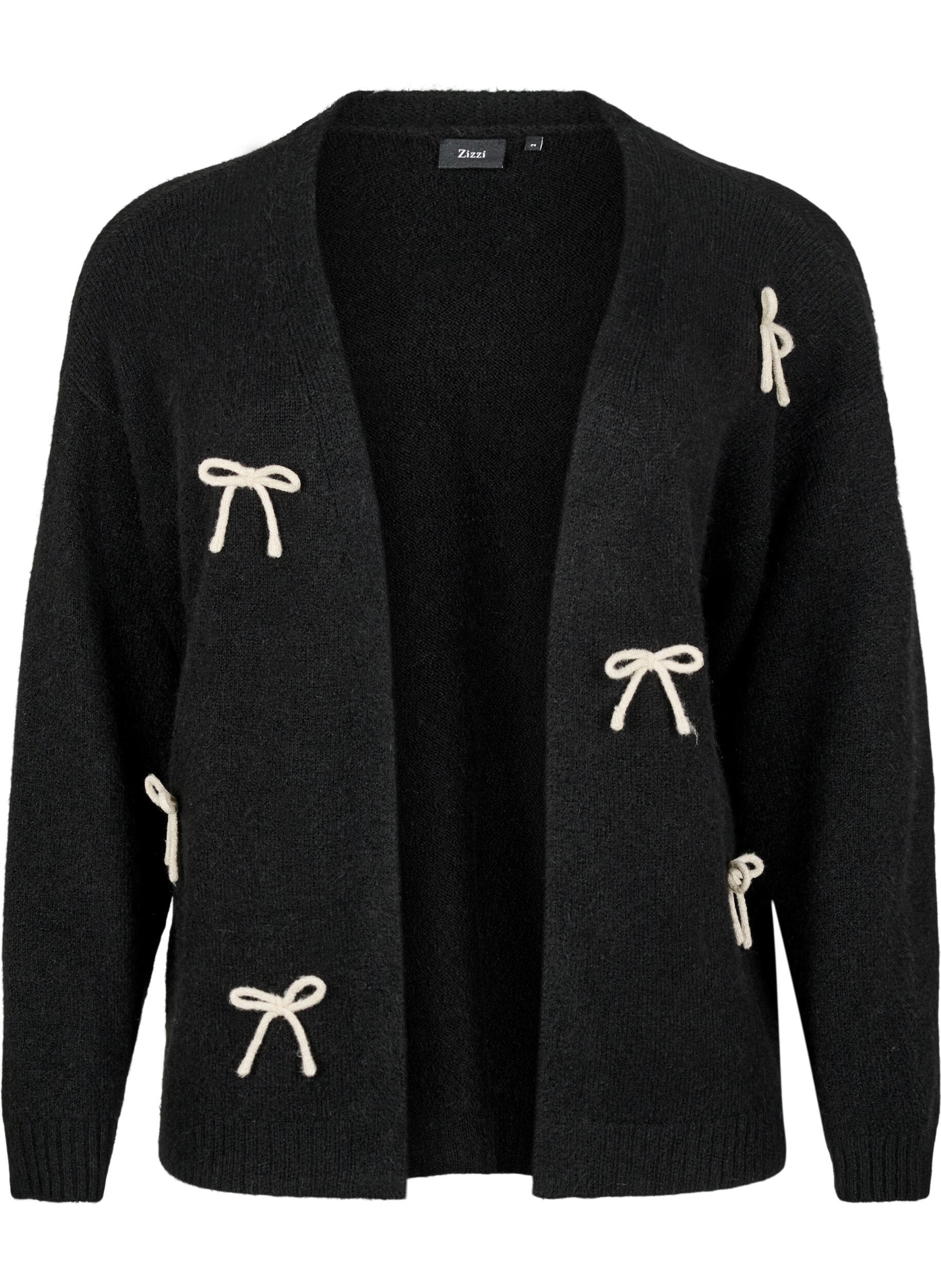 Zizzi Strickjacke aus Grobstrick mit Schleifenb&auml;ndern, Black Comb, Packshot image number 0