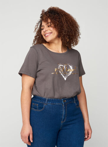 Kurzarm T-Shirt aus Baumwolle mit Print, Grey, Model image number 0