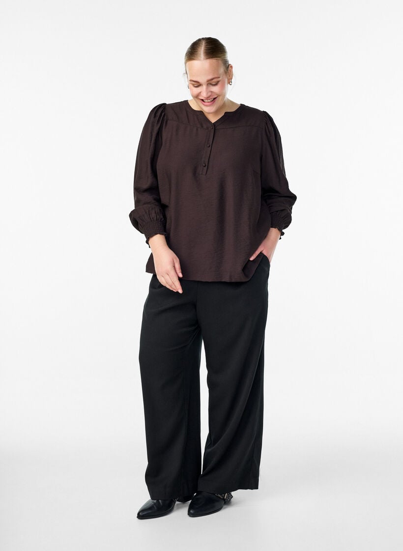 Viskose-Bluse mit Puff&auml;rmeln und gerafften Details, Braun, Model image number 1