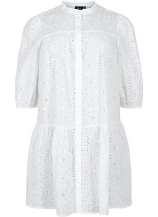 Hemdblusenkleid aus Baumwolle mit Lochstickerei, Bright White, Packshot image number 0