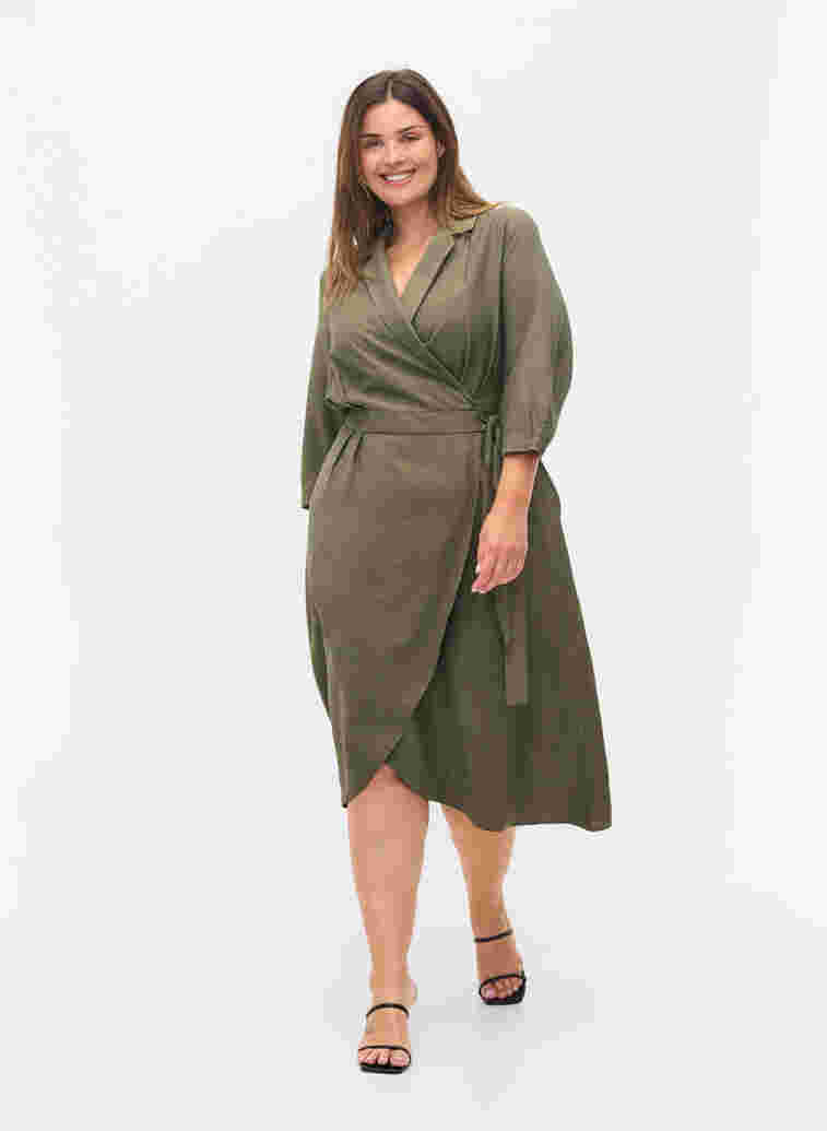 Wickelkleid aus Viskose mit 3/4 Ärmeln, Dusty Olive, Model image number 2