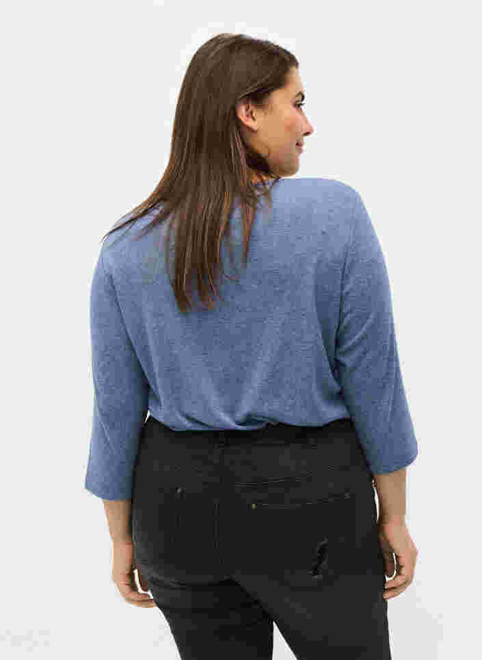 Einfarbige Bluse mit Knöpfen und 3/4-Ärmel, Blue Melange, Model image number 1