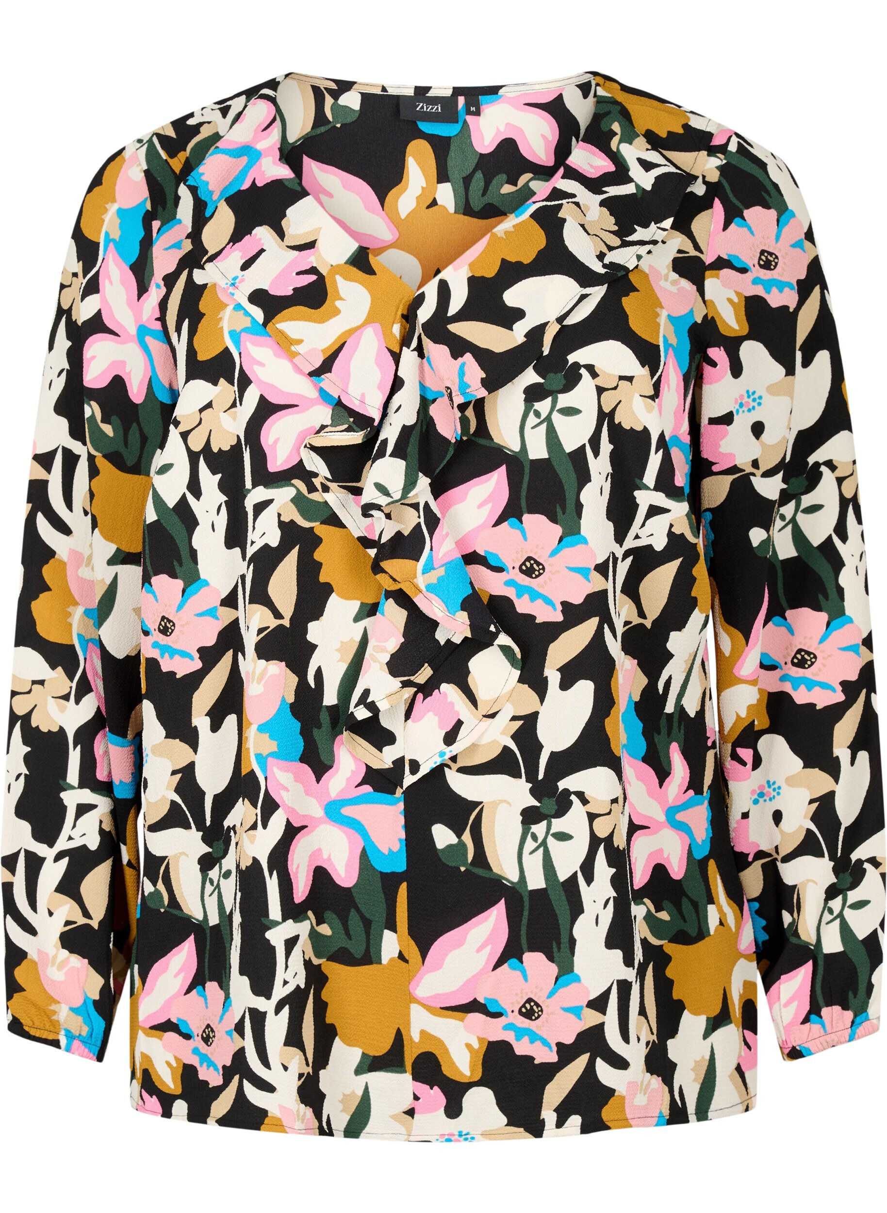 Zizzi Bedruckte Bluse mit R&uuml;schen , Black Multi Flower, Packshot image number 0