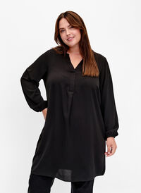 Langärmeliges Kleid mit V-Ausschnitt, Black, Model