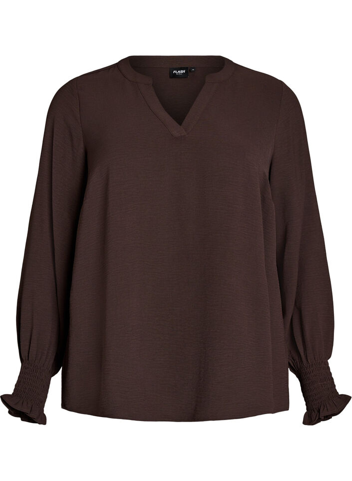 Bluse mit Smockb&uuml;ndchen und V-Ausschnitt, Braun, Packshot image number 0