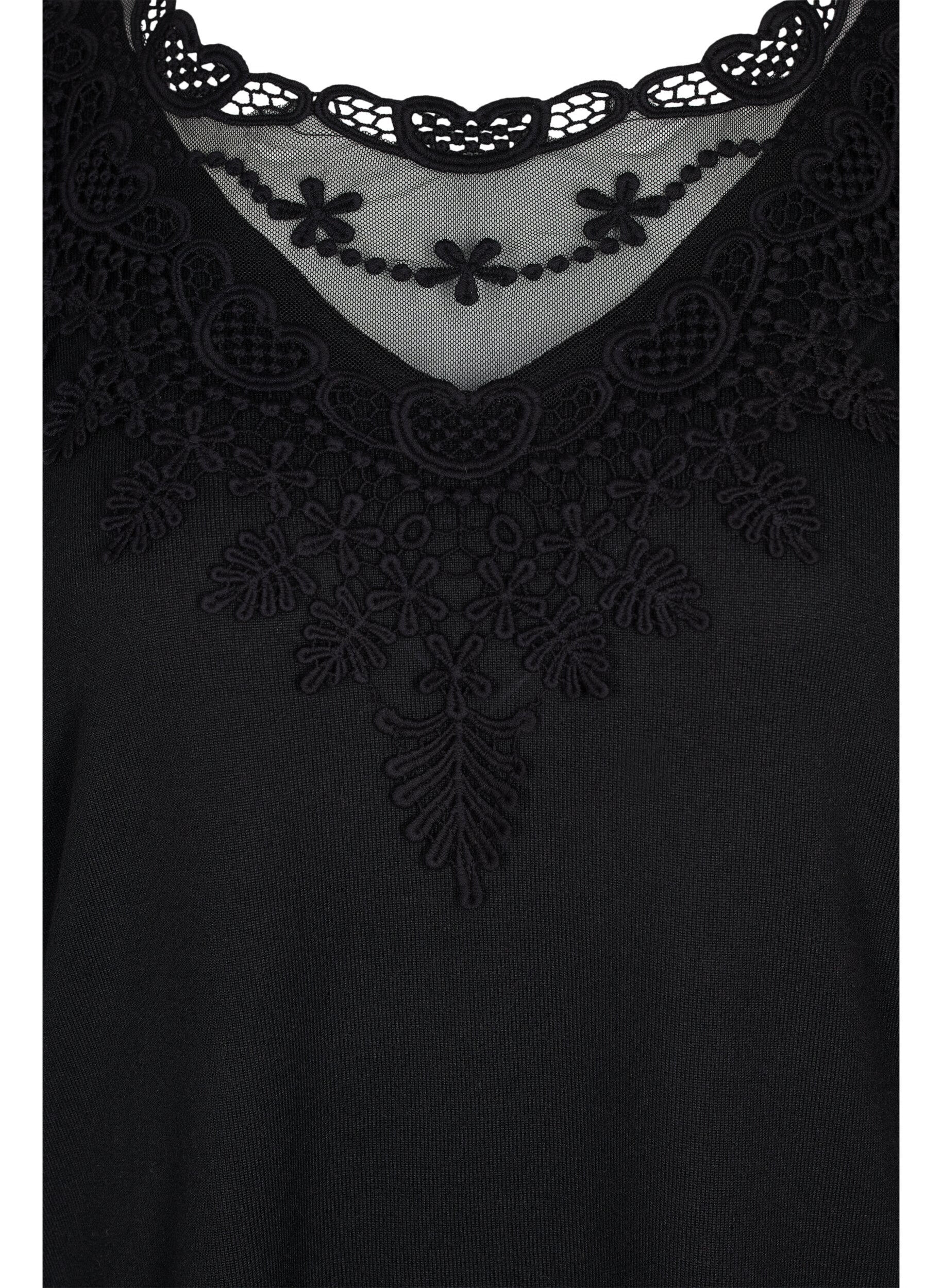 Zizzi Lang&auml;rmelige Bluse mit Spitzendetails, Black, Packshot image number 2