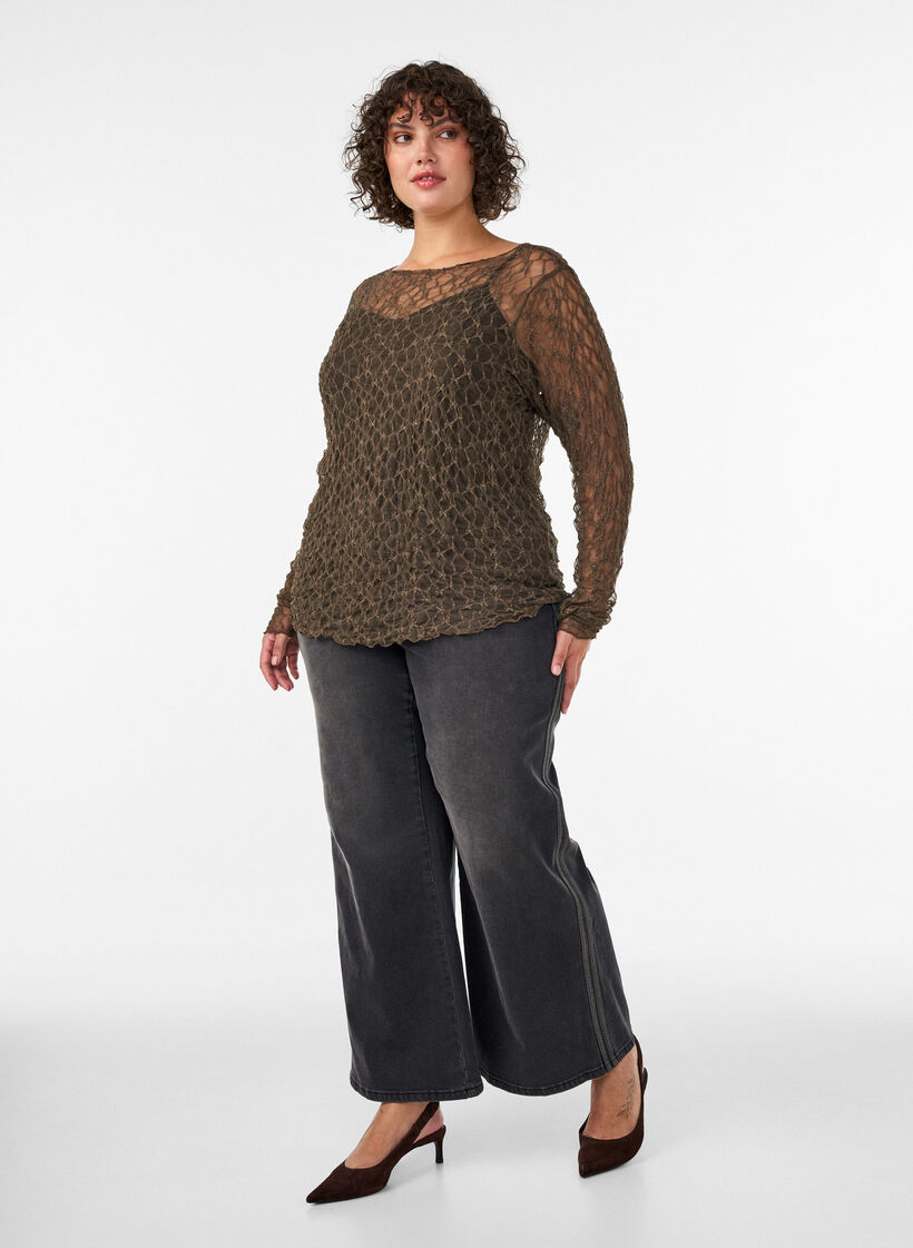 Bluse aus Mesh mit Muster und Glitzerfaden, Braun, Model image number 1