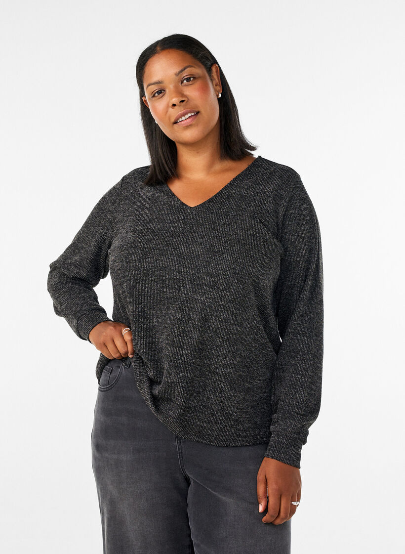 Bluse aus Jersey mit V-Ausschnitt und langen &Auml;rmeln, Schwarz, Model image number 0