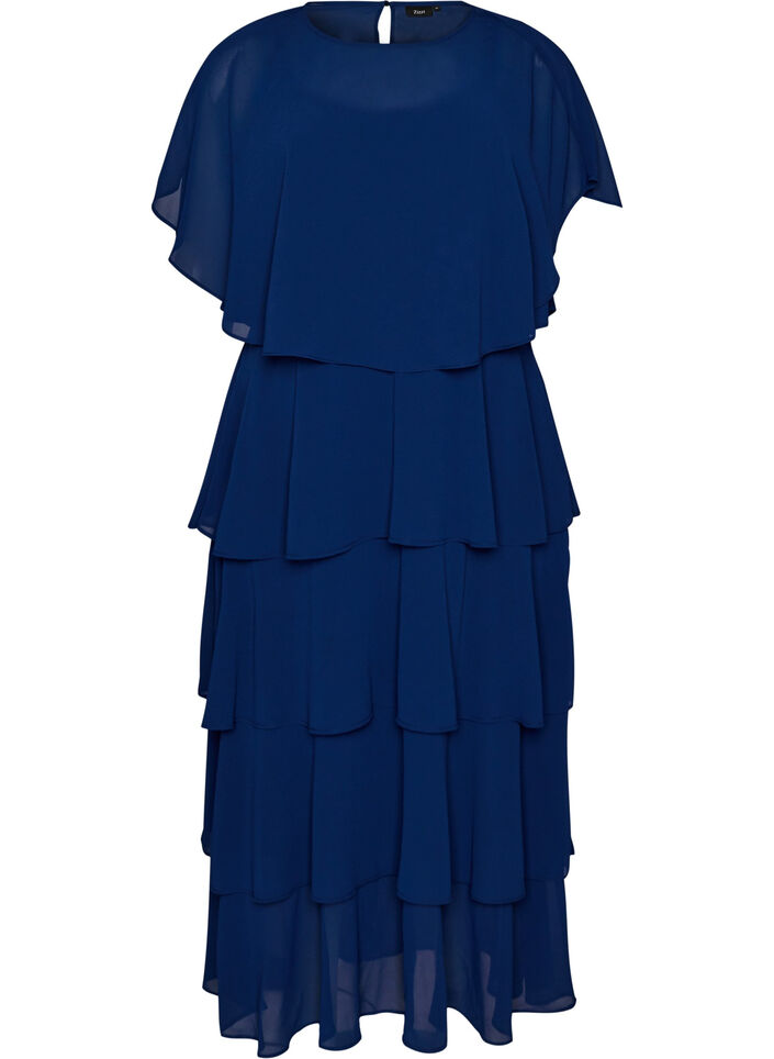 Maxikleid mit R&uuml;schen-Volants und abnehmbarem Cape, Blau, Packshot image number 0